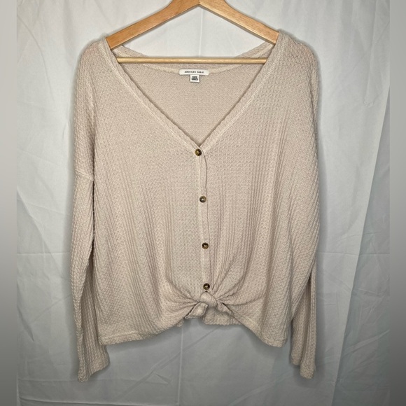 American Eagle Outfitters Tops - American Eagle Top Ivory Waffle Knit Long Sleeve Button-Front